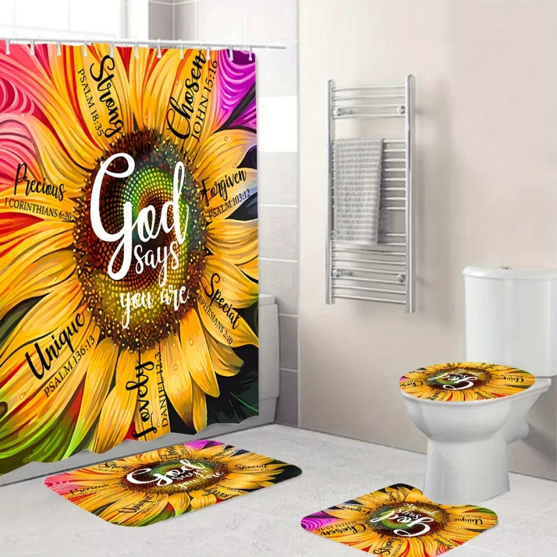 4pc sunflower waterproof shower curtain with 12 hooks, non-slip bathroom rug, toilet U-shape mat, toilet lid cover pad, bathroom