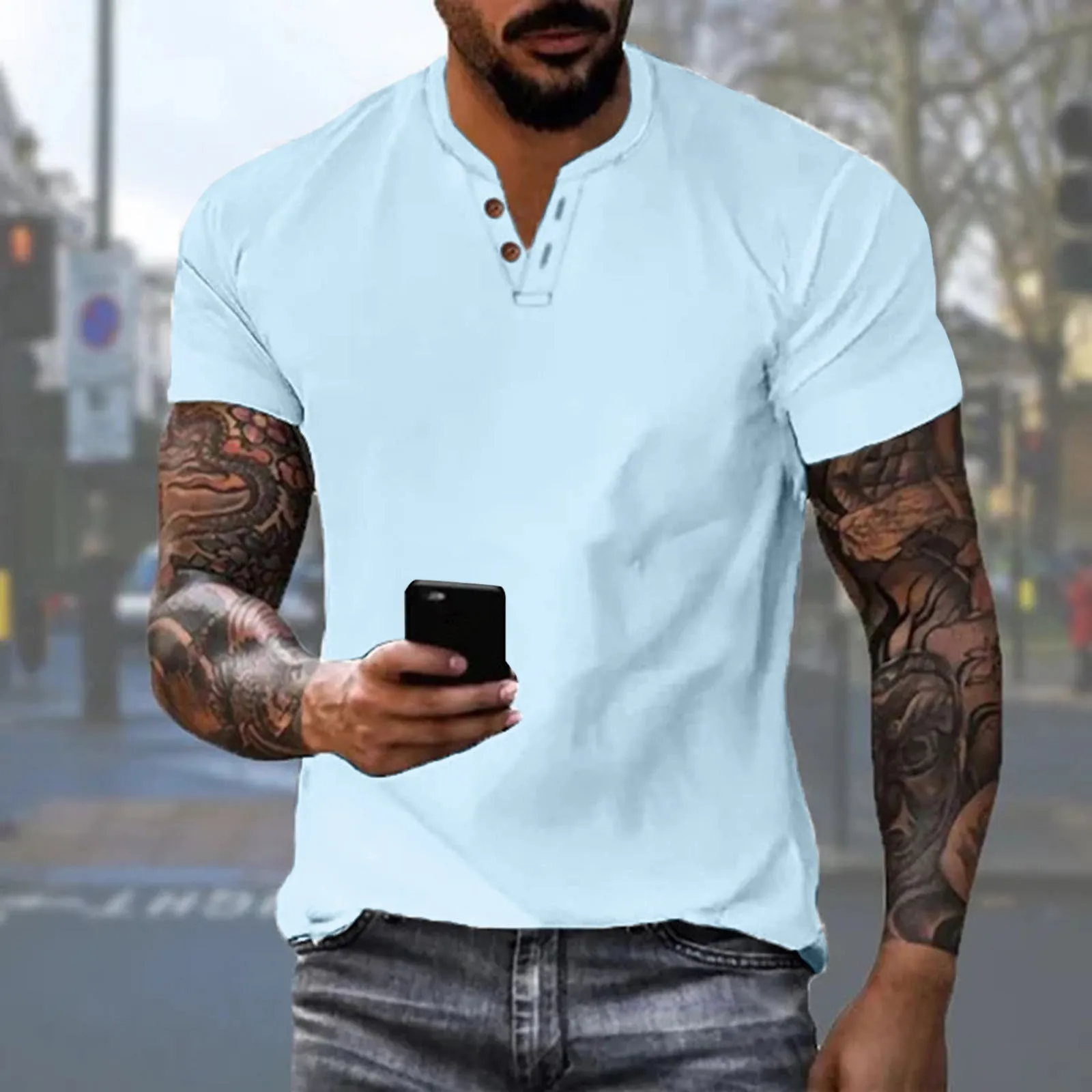 Mens Solid Color T Shirts V-Neck Button Short Sleeve Slim Fit Elegant Tops Clothes Summer Streetwear Vacation Vintage Garment