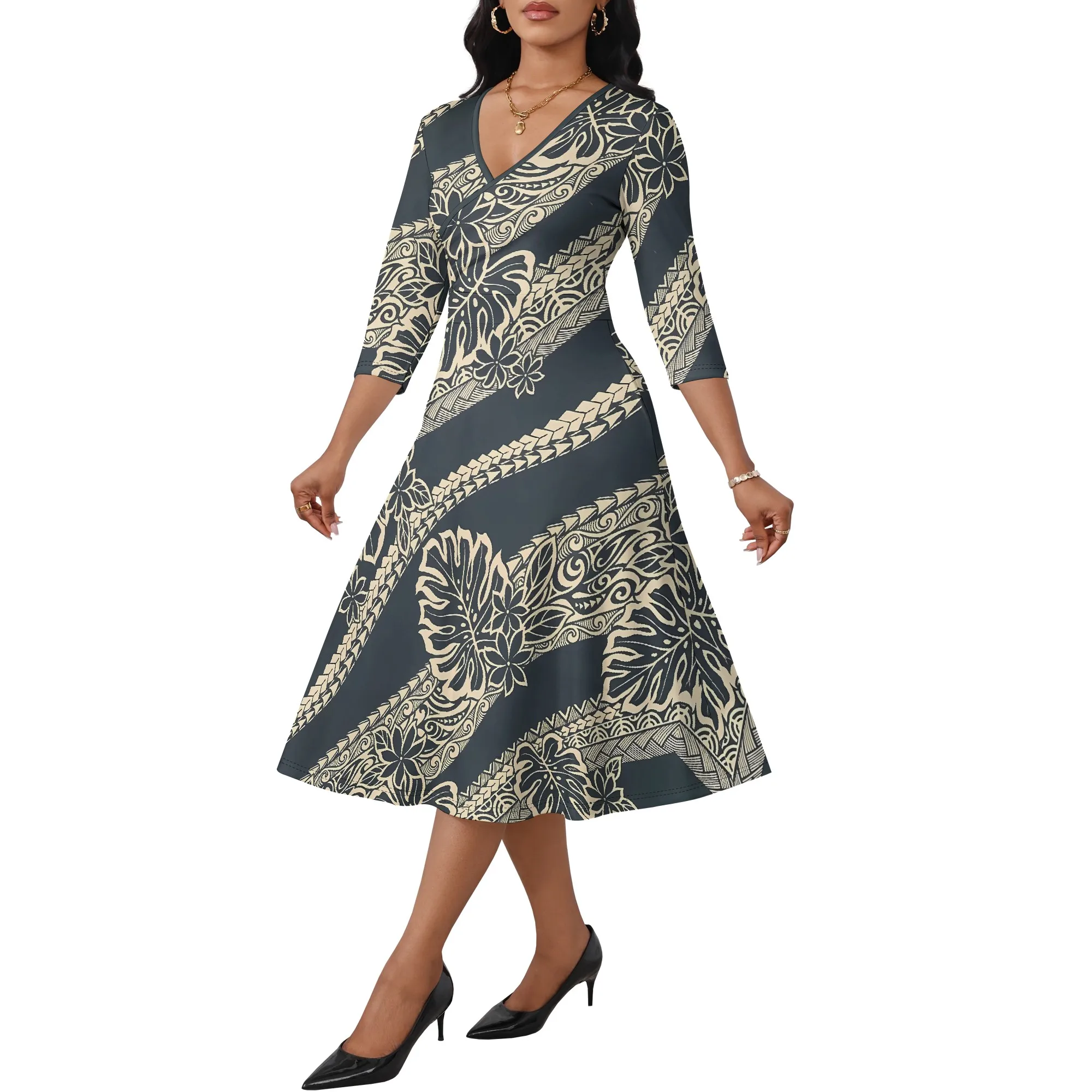 Nupusa Robe à imprimé tribal pour femme Taille régulière Robe mi-longue d'été décontractée à col en V et manches 3/4