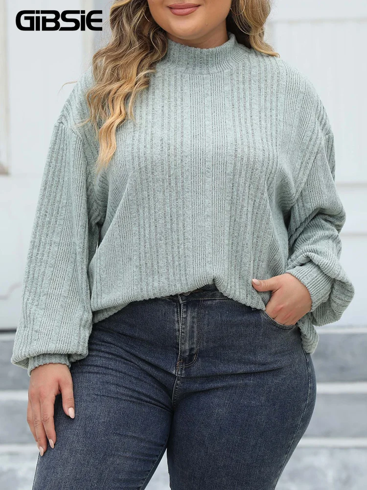 GIBSIE Plus Size Mock Neck Ribbed Knit T Shirt Women Fashion 2023 Spring Fall Casual Drop Long Sleeve Tee Tops Winter Clothes