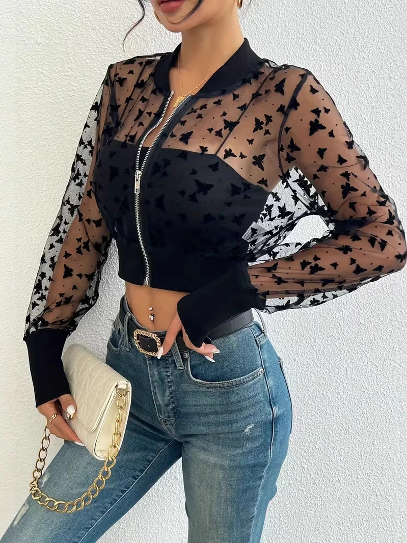 

Casual Sexy Women's Embroidery Lace See-tough Jaet Zipper ort Outerwear Polyester Fiber Long Sve ort Length