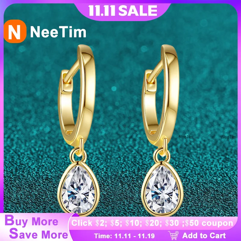 

NeeTim 0.5ct Water Drop Moissanite Drops Earrings for Women Luxury Pear Cut Jewelry Silver 925 With Gold Plated Ladies' Earrings