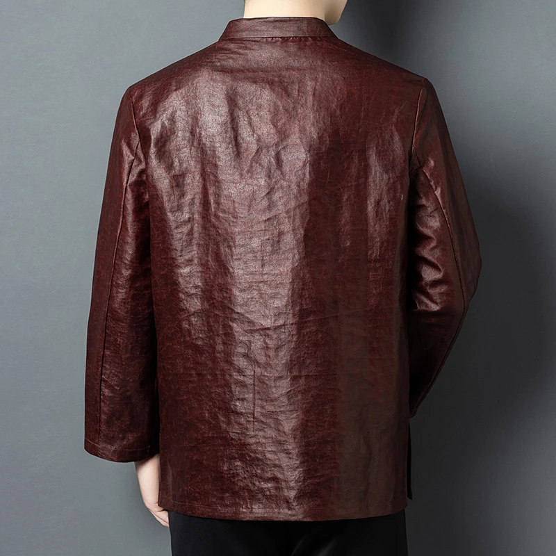 Frog Button Tang Costume Shirts For Men Red-Brown Long Sleeve Spring Quality Natural Silk 100% Softness Luxury Camisas De Hombre