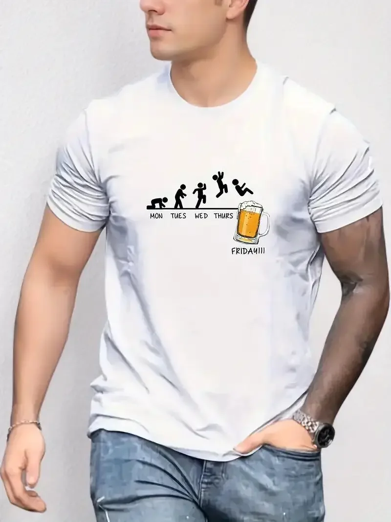 Jumping in Beer Print T-shirt, Men's Casual Street Style Stretch Round Neck Tee Shirt for Summer