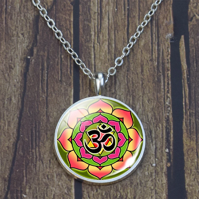 Om Flower Necklace Flower Yoga Figure Cabochon Glass Pendant Indian Religious Jewelry Gift for Men and Women