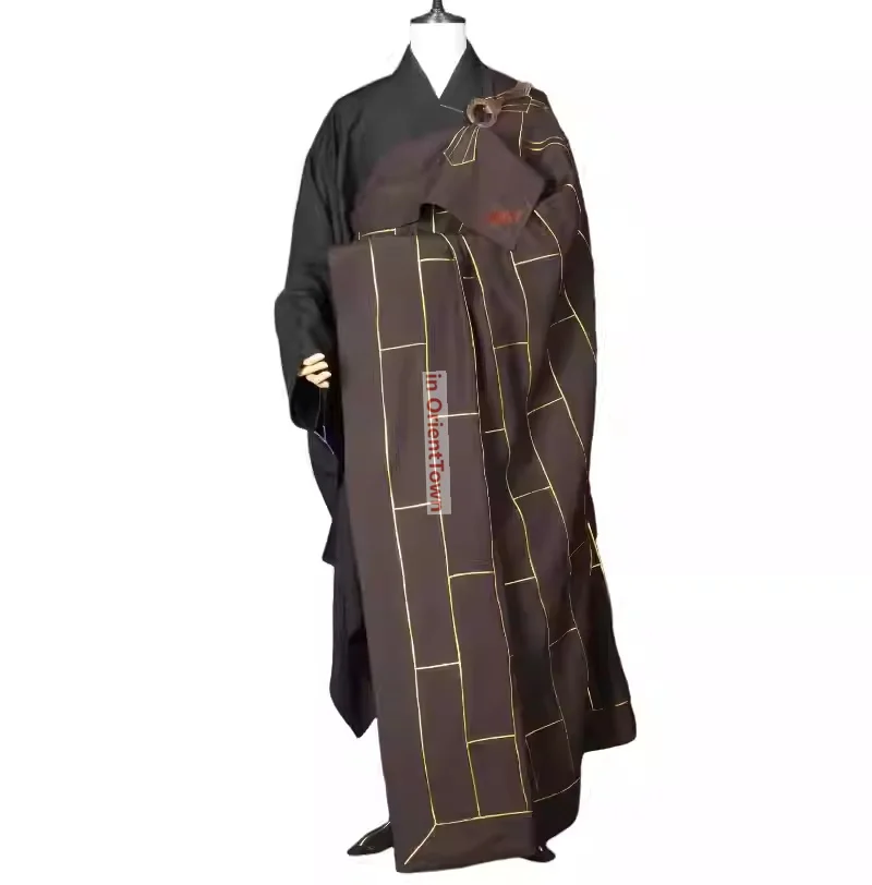 Buddhist Abbot Hemp Yarn Clothing with 25 Gold Edges Costume Set Asian Temples Monks' Clothing Ancestral Robe + Overcoat TP005 view 6