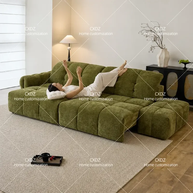 Dinglicheng Electric Retractable Sofa Living Room French Retro Medieval Nebula Pixel Green Chenier Fabric Sofa