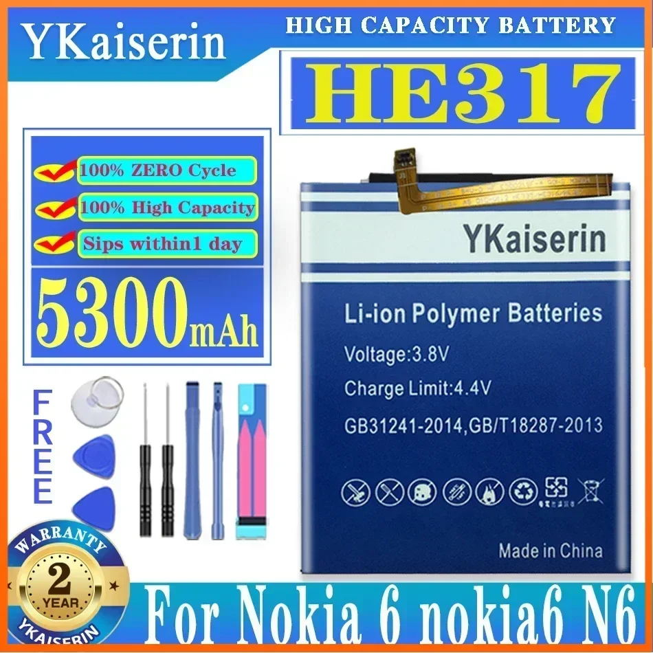 YKaiserin HE317 5300mAh Battery For Nokia 6 Nokia6 N6 TA-1000 TA-1003 TA-1021 TA-1025 TA-1033 TA-1039 HE 317 Batteries Bateria