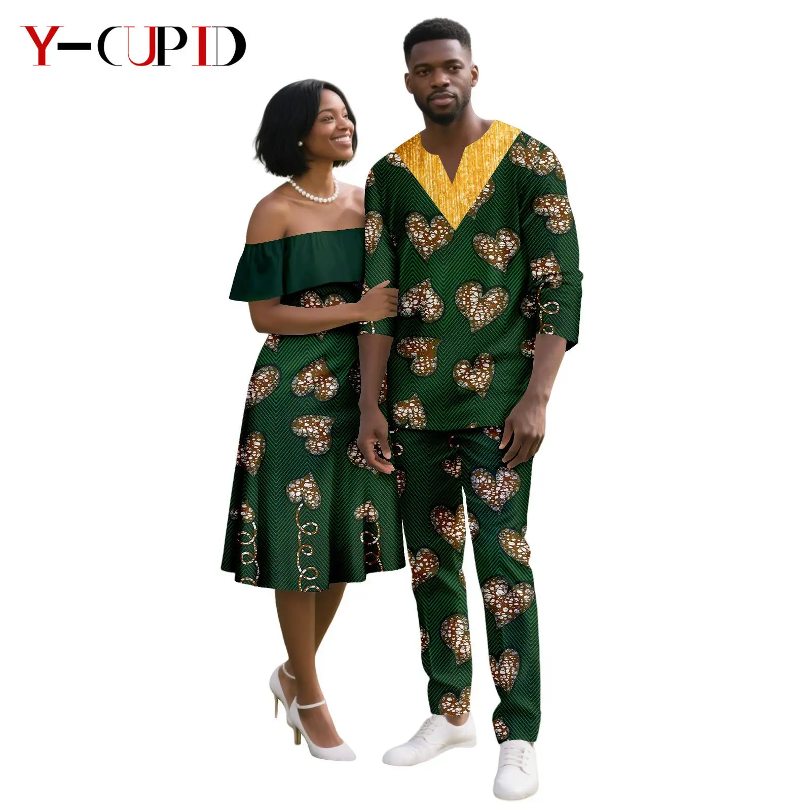 

African Slash Neck Print Dresses for Women Matching Couple Clothes Men Outfits Dashiki Top and Pant Sets Wedding Party 25C045