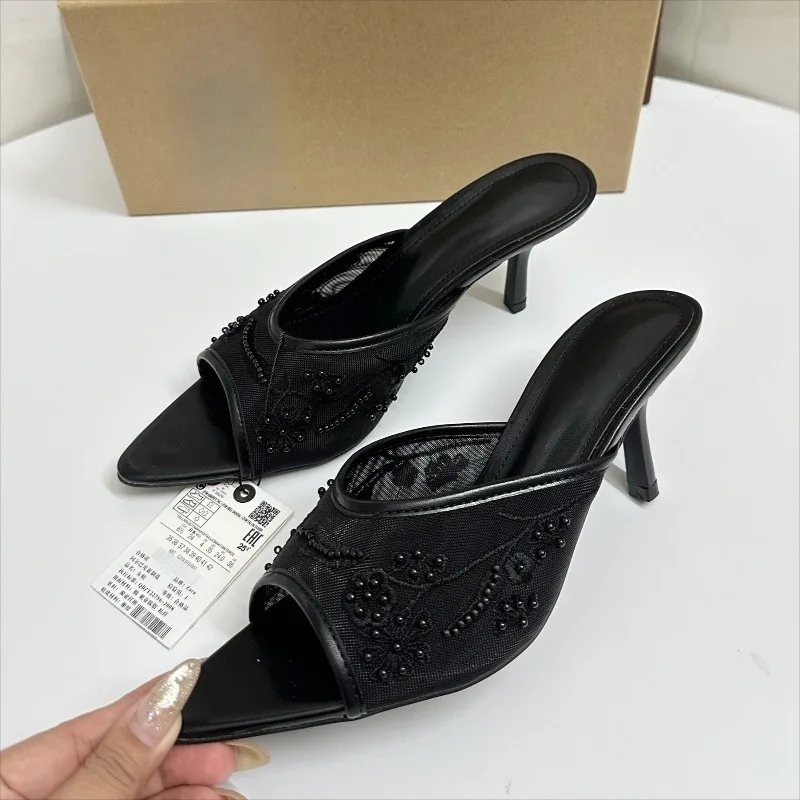 

Peep Toe High Heels Women Mules Sandals Brand Designer Luxury Embroidered Pearl Mesh Elegant Party Dress Shoes for Ladies
