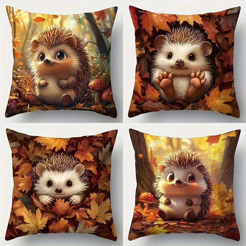 4pcs Cute Hedgehog Pillow Covers with Autumn Leaves Design - 17.7x17.7 Inch Soft Plush Throw Pillowcases, Zipper Closure, Machin