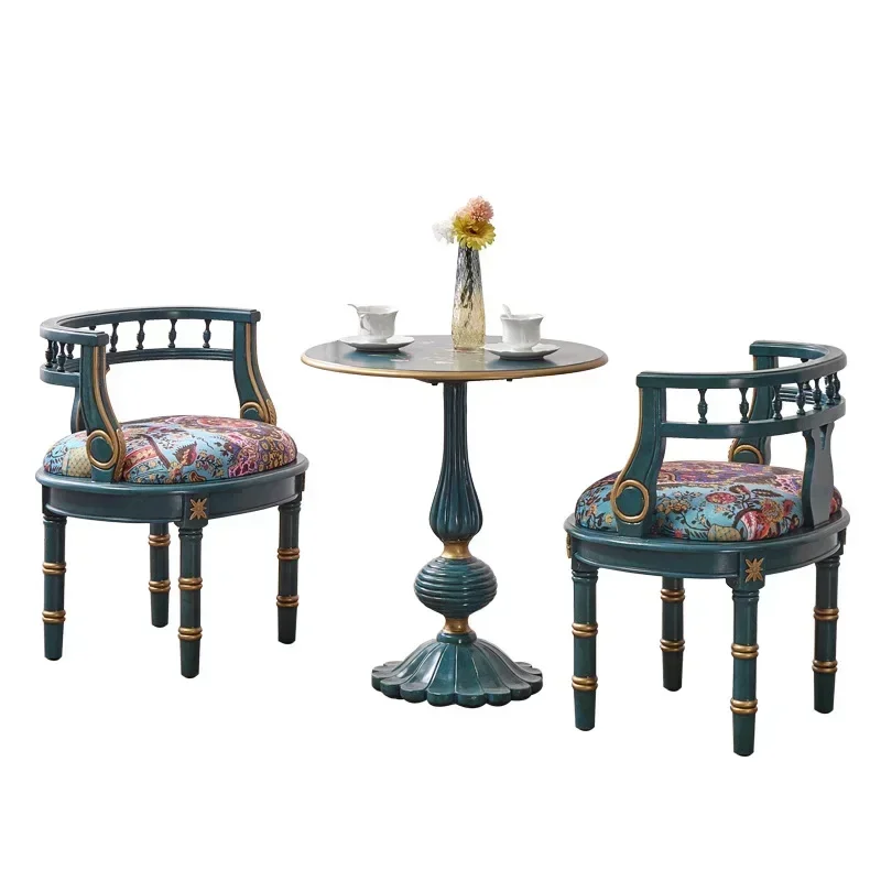 Living room balcony one table and two chairs combined three-piece set, French retro painted furniture blue