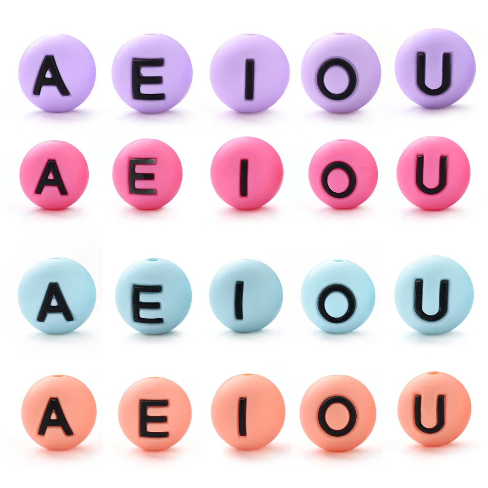 

10 шт. 15 мм силиконовые бусины с буквами, красочные круглые бусины с буквами A/E/I/O/U, свободные бусины для DIY, цепочка для соски, ожерелье, браслет