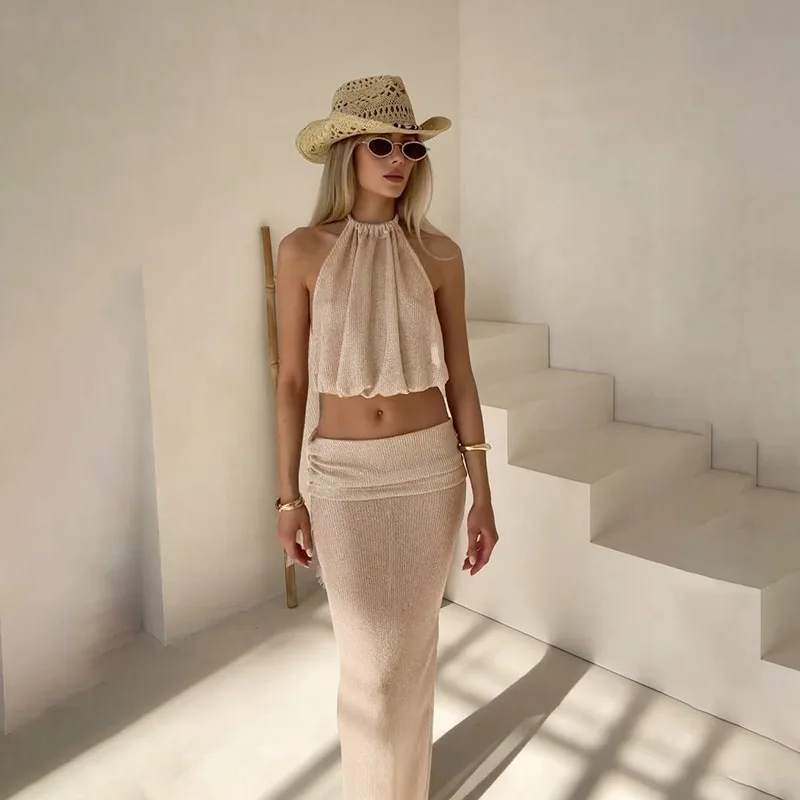 

Women Sexy 2 Piece Set See Through Sleeveless Backless Halter Tank Top High Waist Ruched Bodycon Maxi Skirts Vacation Dress Suit