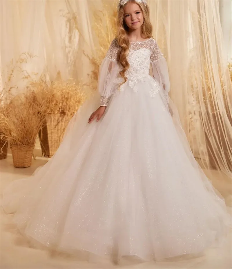 

Ivory White Flower Girl Dresses with Full Sleeve Elegant Princess Satin Ball Gown For Kids Birthday Party First Communion Dress