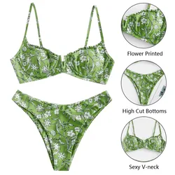 Sexy V Green Flower Print Bikini Set Swimsuit Women Y2k Two Piece Swimwear Luxury Tankinis Sets Spring Summer Beach Mujer Swim