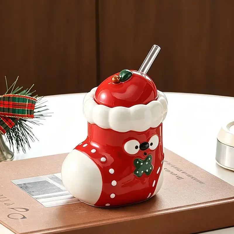 Christmas Boot Apple Ceramic Coffee Mug Creative Straw Water Cup for Home Breakfast Milk Mug Afternoon Tea Herbal Tea Coffee Cup