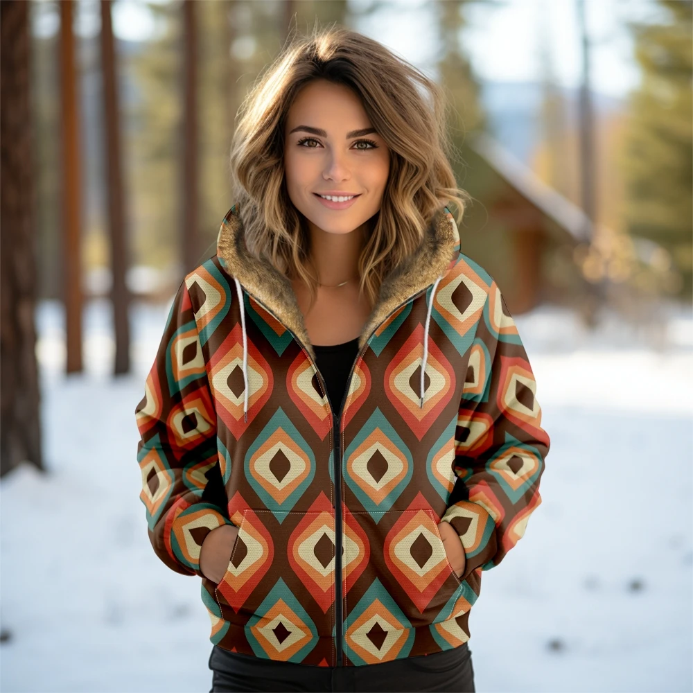 دافئ لينة الصوف مبطن الرمز البريدي سترة المرأة الشتاء هندسية طباعة معطف مقنع محب منقوشة ملابس شتوية للنزهات الغابات الثلجية #5