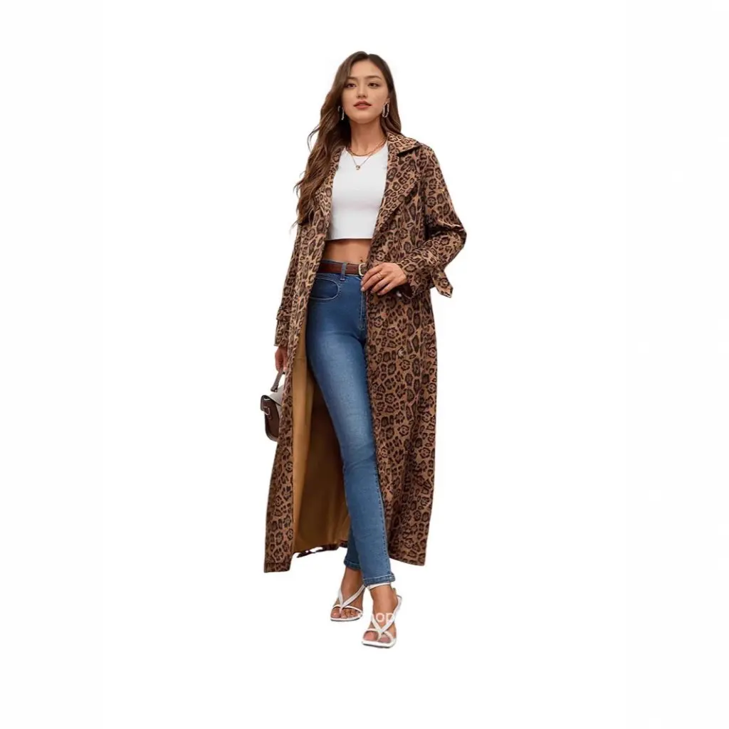 Women's Leopard Print Suede Trench Coat Mid-Length Over-The-Knee Fashion Wholesale European American Style