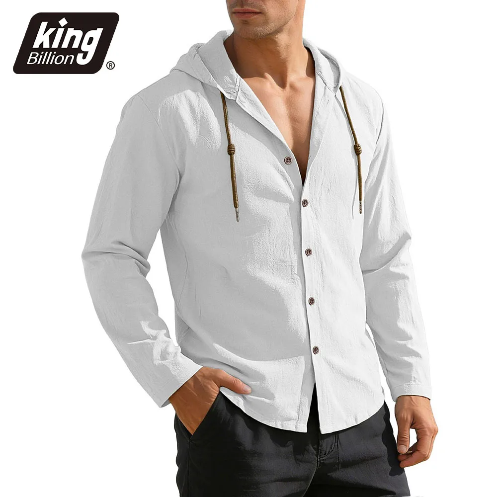 Men's Casual Shirt Long Sleeve Solid Color Cotton Linen Lightweight Breatahble Fashion Hooded Vacation Loose Fit Button Tops