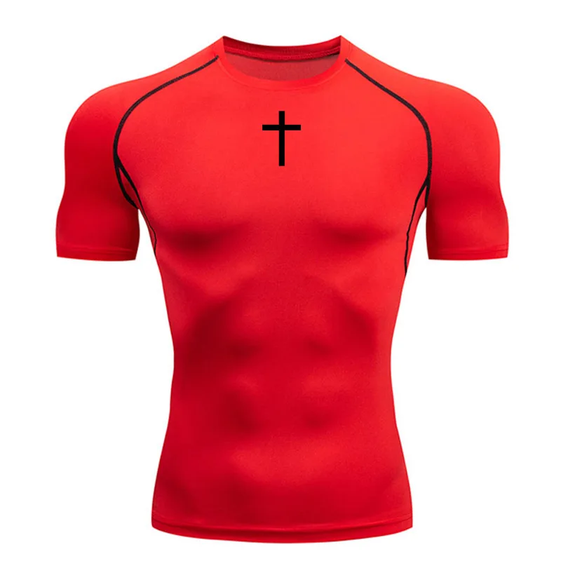 2024 Men\'s Gym T-Shirt Running Short Sleeve Shirt Compression Sportswear Quick Dry Black Cross Print Sports Bodybuilding T-Shirt