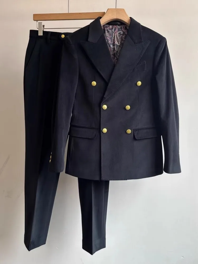 Autumn Office Men Corduroy Suits Sets Business Party Banquet Elegant Men Double Breasted Blazers Straight Pants Two Piece Set