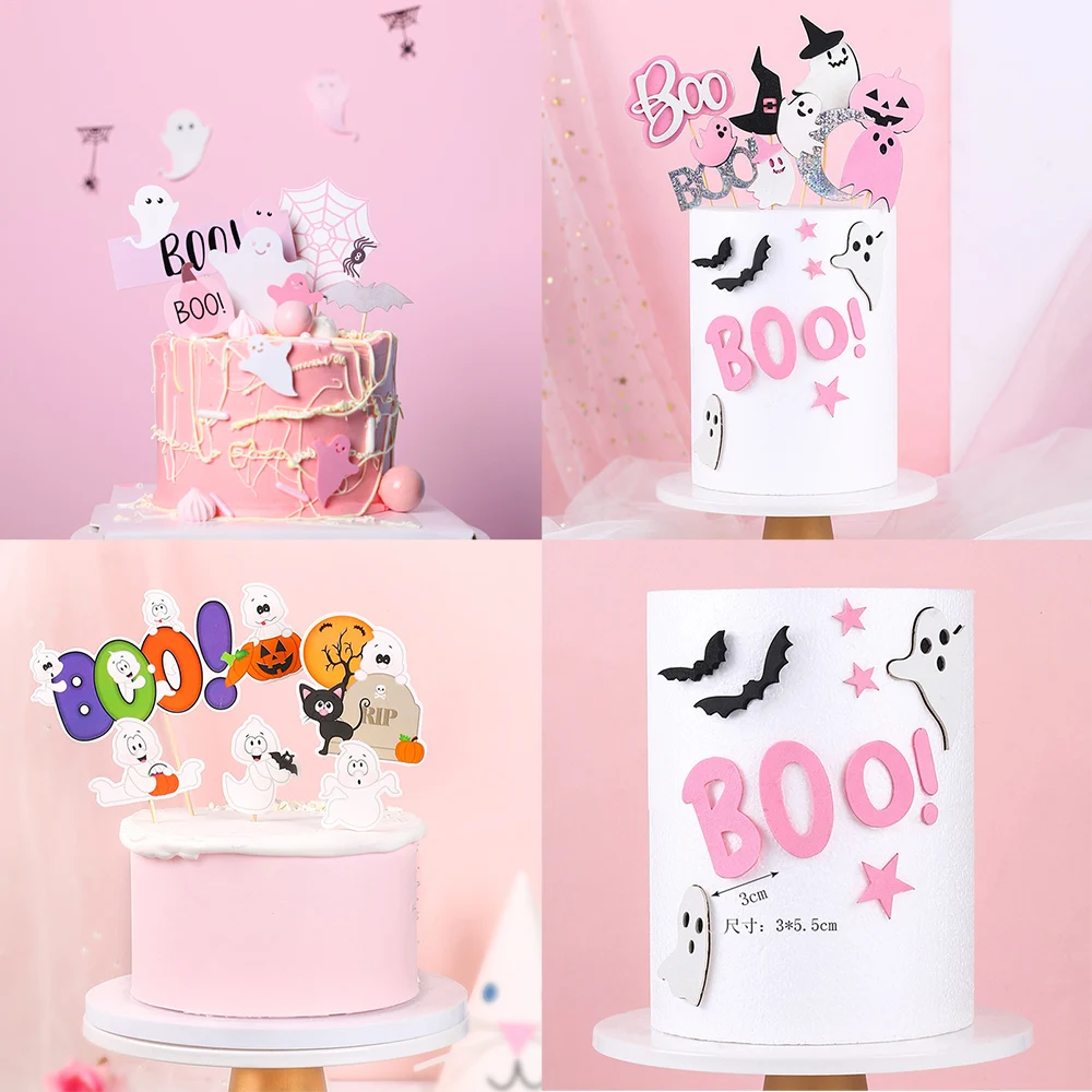 Roze Halloween Party Cake Decoratie Cupcake Invoegen Roze Papier Boo Bat Skull Heks Ghost Spider Happy Halloween Cake Toppers Set