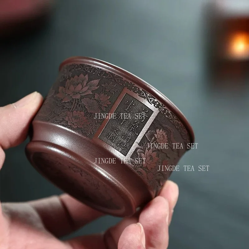 1pc Purple Clay Carved Master Cup Household Large Capacity Tea Cup Guest Tea Cups Chinese Style High-end Personal Cup Teaware