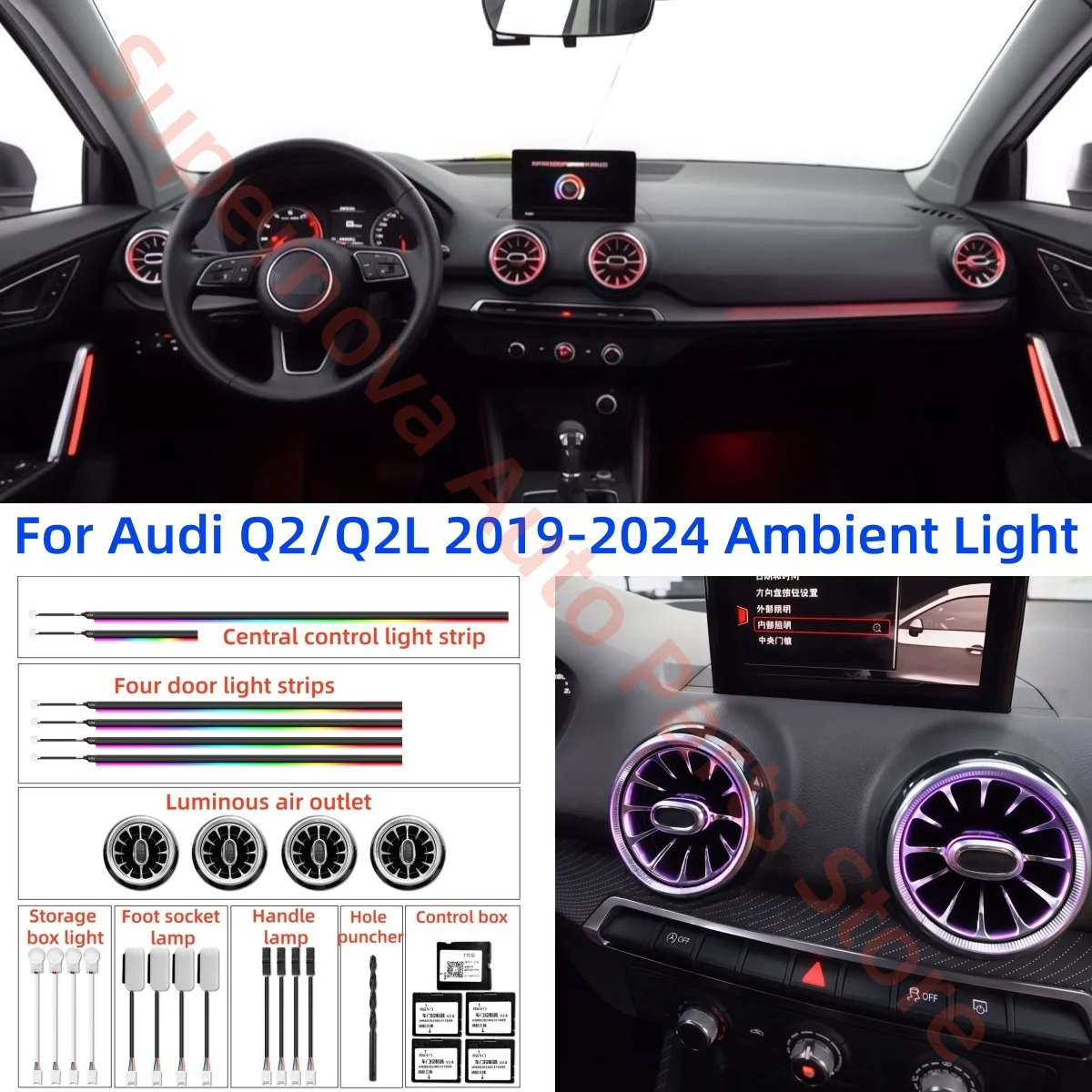 LED Ambient light For Audi Q2/Q2L 2019-2024 automotive interior light upgrade Car accessories Handrail light Luminous air outlet