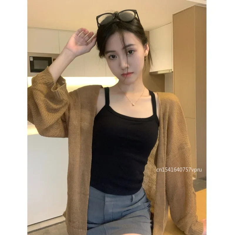 Summer Knitted Cardigan Cardigan lazy loose Hollow soild color long-sleeved air-conditioned shirt Cropped Cardigan