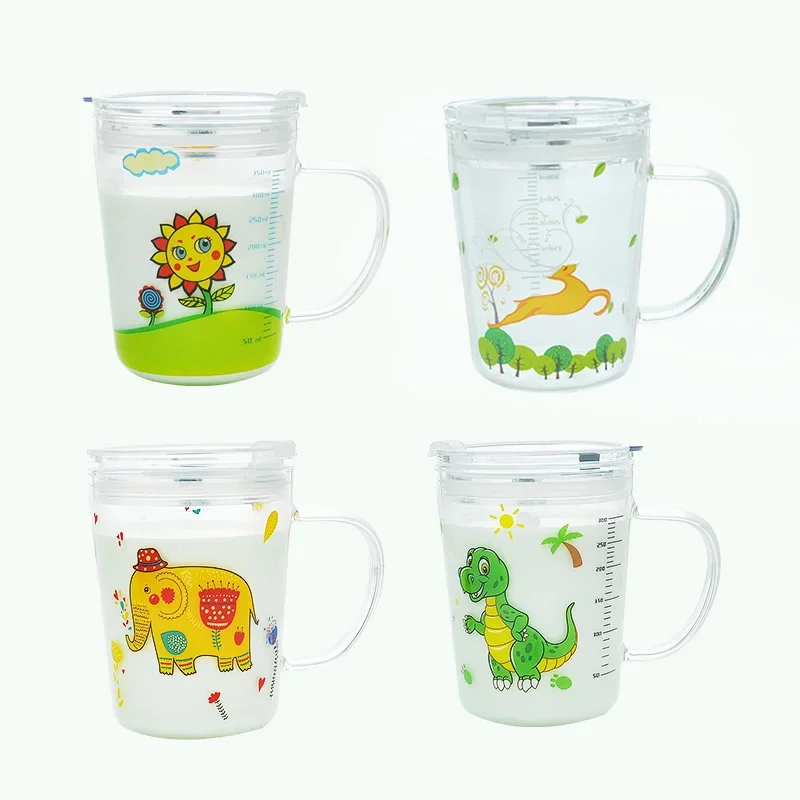 Animal Series Breakfast Cups Children Scale Creative Cartoon Straw Glass Cups Cute Household Heat-resistant Milk Mugs with Lids