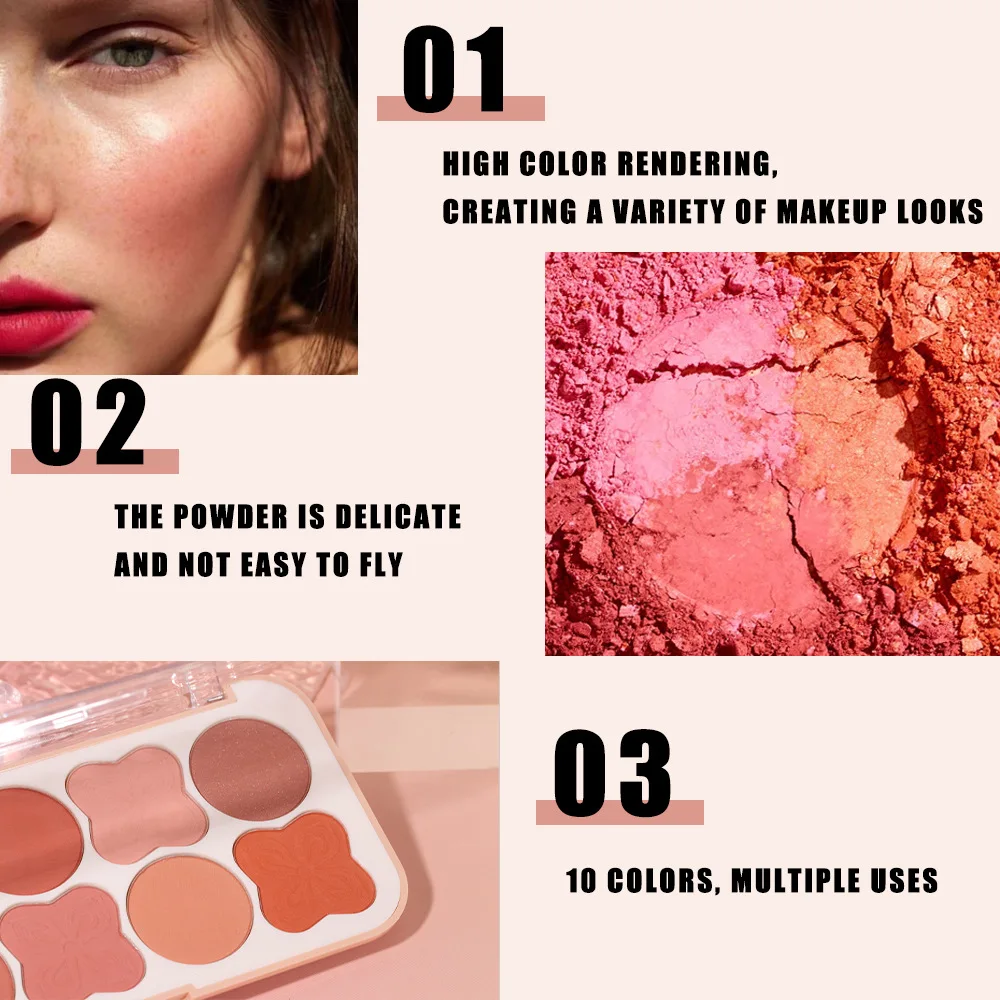 Hochwertige MISS ROSE 10-farbige natürliche nackte Gesichts-Rouge-Palette, Make-up-Abdeckung, Rouge, Highlight-Kontur-Rouge-Platte, Kosmetik