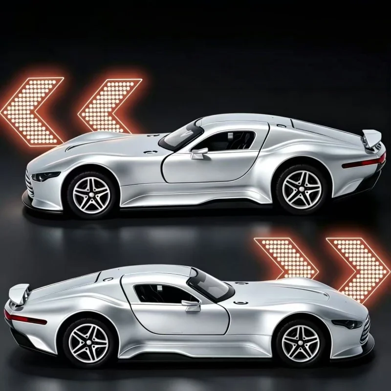 Multicolored alloy sports car model, 1:36 scale, gull-wing convertible doors, static collectible metal-cast vehicle toy.