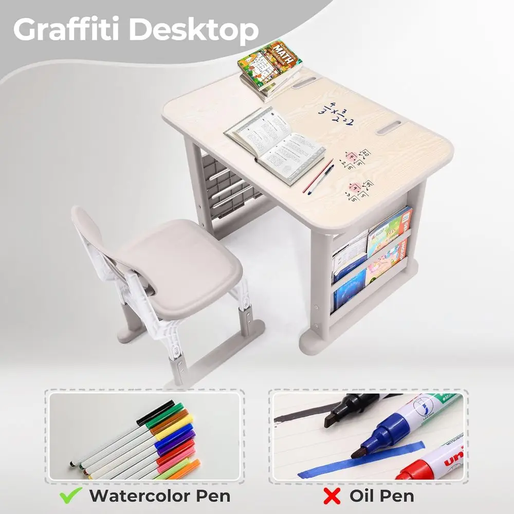 Adjustable Height Kids Study Desk and Chair with Bookshelf, Multi-Function Table Set for Toddlers 3-12 Years, Removable Storage