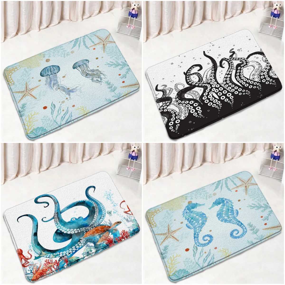 Ocean Animals Non-slip Bath Mat Summer Octopus Seahorse Jellyfish Sea Bathroom Decorations Kid Cartoon Home Carpet for Bathtub