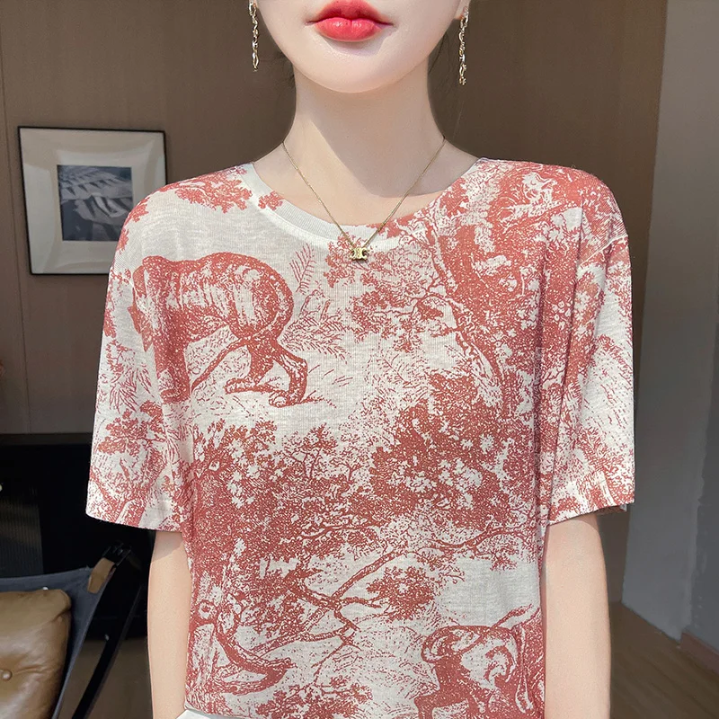 

Summer Half Sleeve Printed Water-soluble Wool Knitwear Women's Round Neck Short-Sleeved T-Shirt Bottoming Loose Thin Blouse