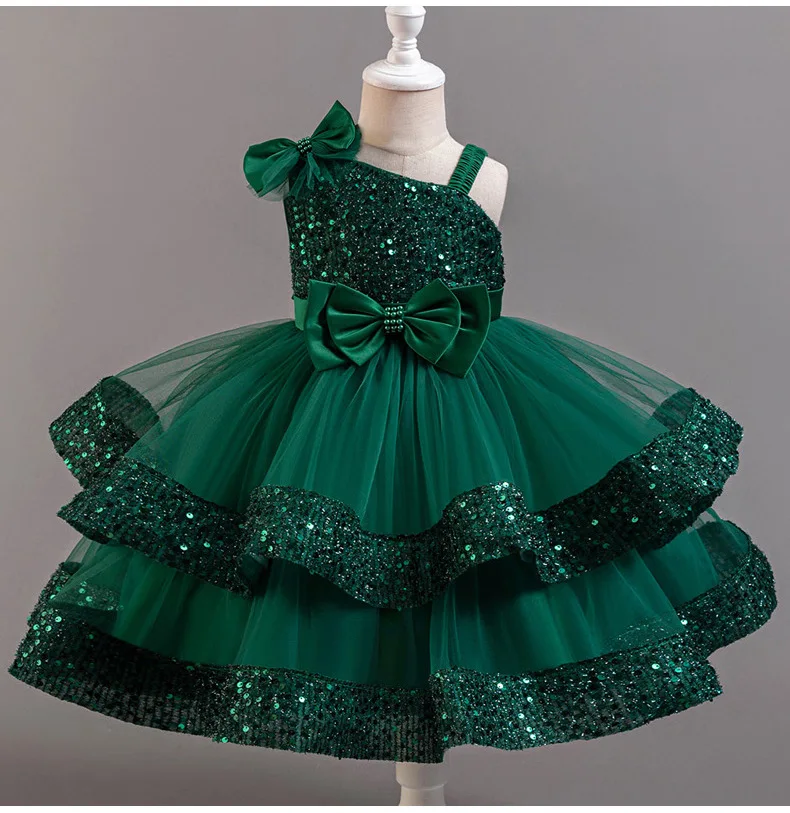 Child Girls' Layered Sequins Party Dress with Bow Festive Performance Festival Dress Kid's Elegant Clothing for Girls