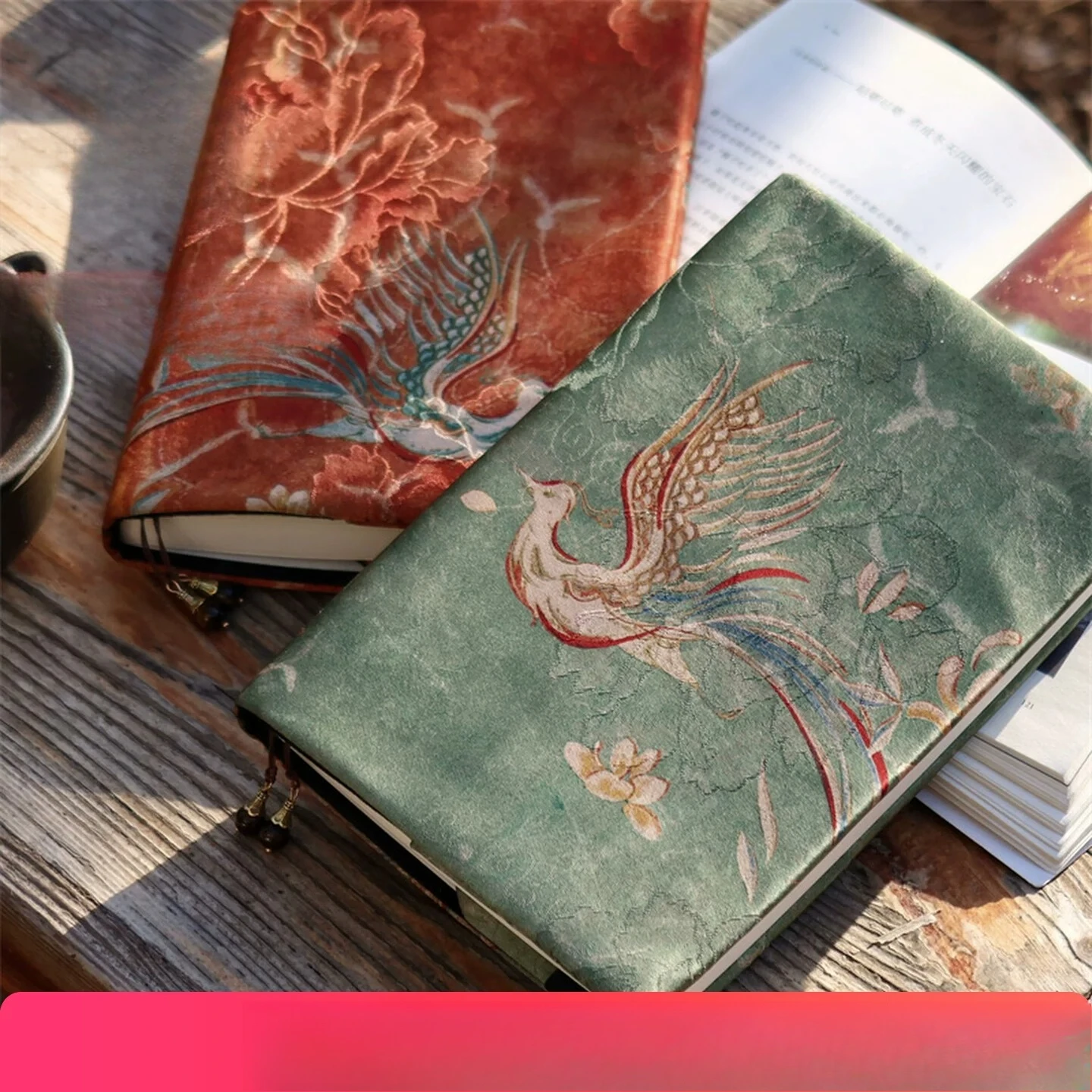 Retro Oriental Home Decor Cover, Ancient Rhyme Phoenix Pattern, Handcrafted Fabric Tabletop Accent, A5/A6 Craft Ornament