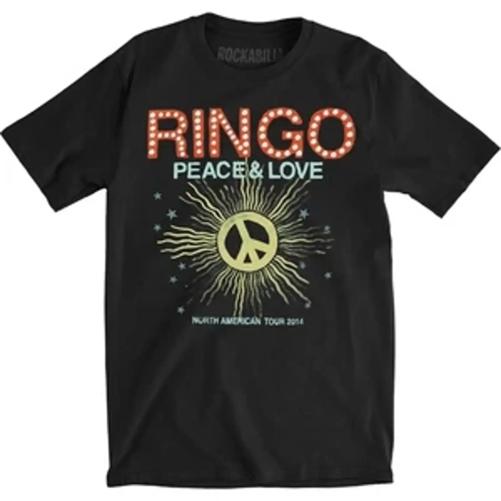 Camiseta masculina preta slim fit da turnê Peace Rays de Ringo Starr 2014, estilo vintage, lavada, com estampa gráfica elegante e respirável.
