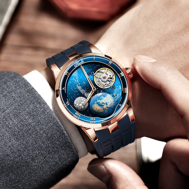 Haofa Tourbillon Механические мужские часы Звездное небо Земля Карусель Светящийся корпус из нержавеющей стали 80-часовые мощные часы Бизнес 1952