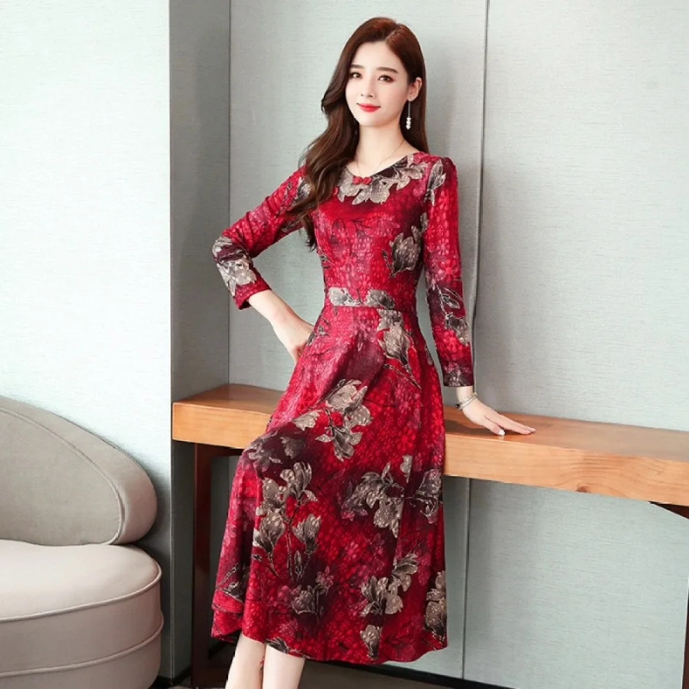 Vintage Chinese Aesthetic Slimming Midi Dress Women Elegant Printed Gown Spring Casual Mid-Aged Mom Party Fashion Apparel Wear