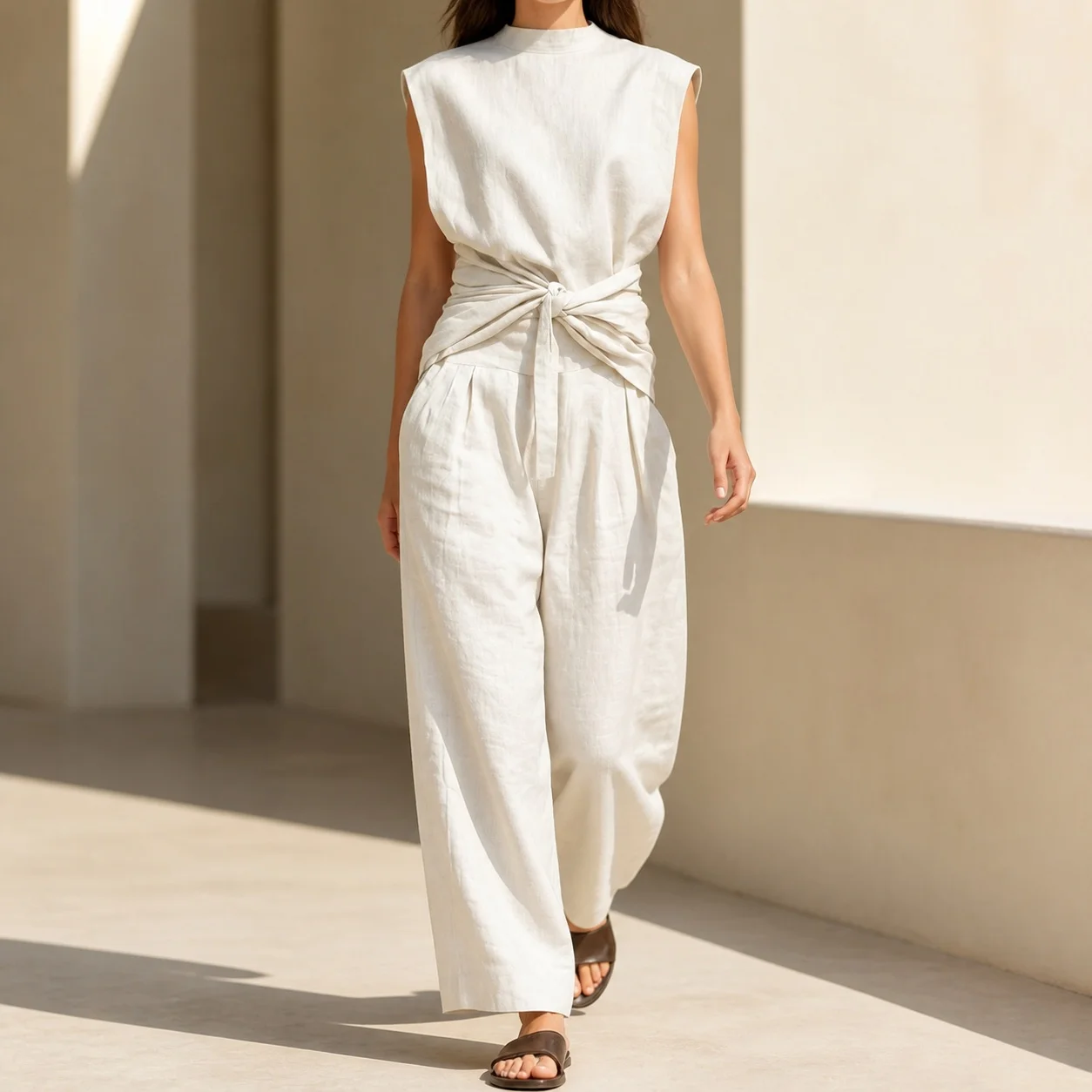 Women's Casual High Waist Tie Detail Long Pants Woven Jumpsuit For Woman Onesie Rompers Women Summer Solid Color Sleeveless