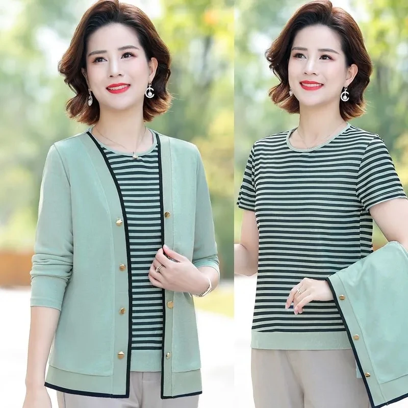 Middle-Aged Women\'s Cardigans 2PCS Spring Autumn Knitted Sweater New Two-Piece Set Fashion Stripe Pullover T-Shirts Mother Suits