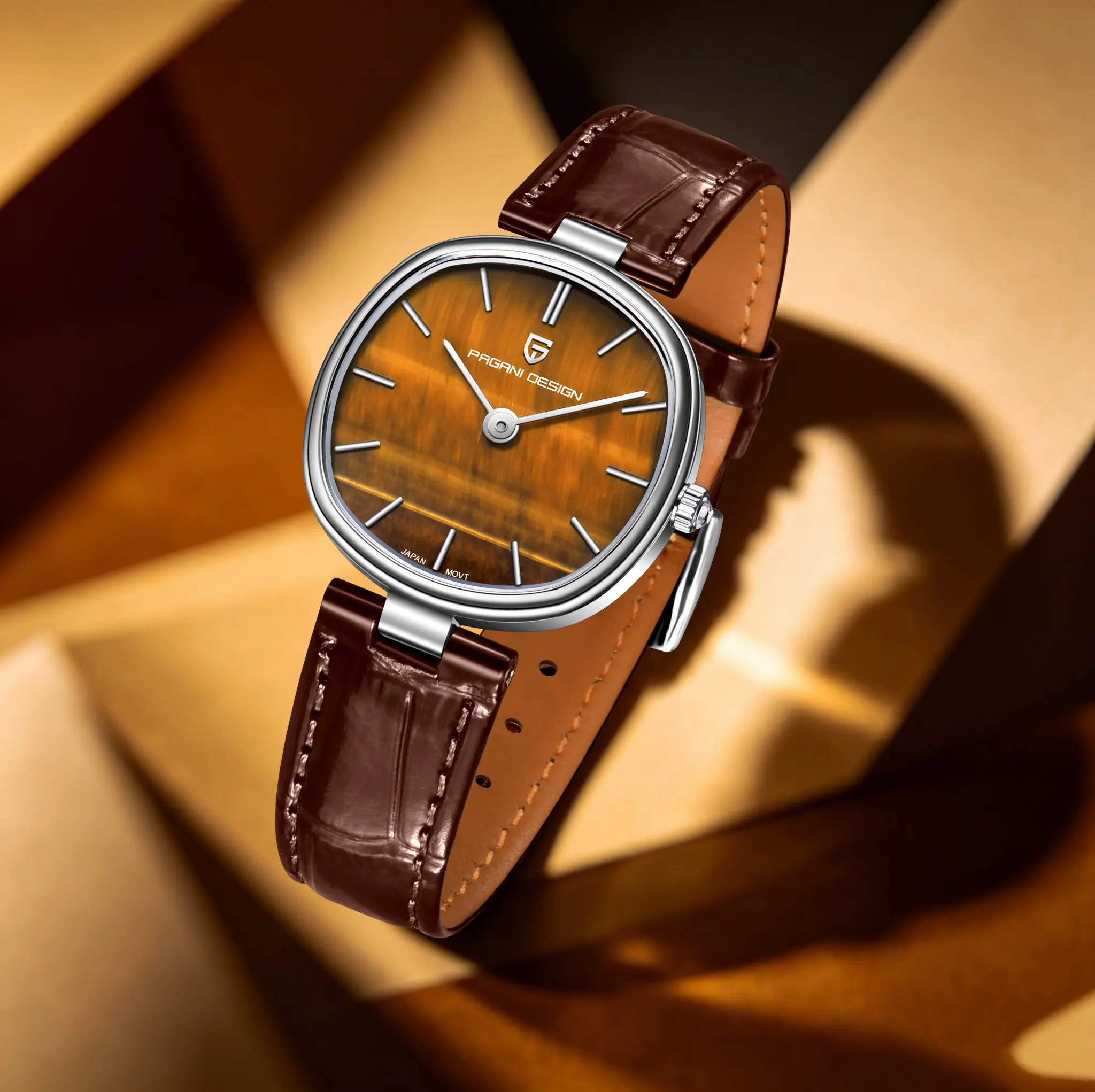 PAGANI DESIGN Luxury -Inspired Women Quartz Watch Amber‑Pattern Dial Sapphire Leather Waterproof Watch For Elegant Working Women