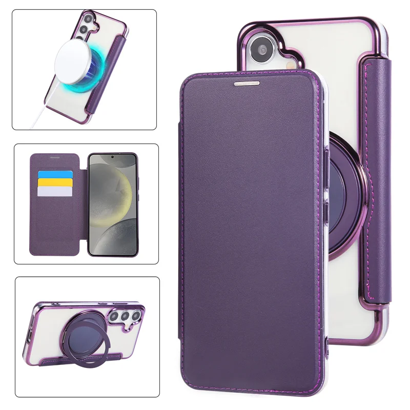 

Wireless Charging Magnetic Flip Stand Leather Phone Case For Samsung Galaxy S25Ultra S24 S23 22Plus With Transparent Back Cover