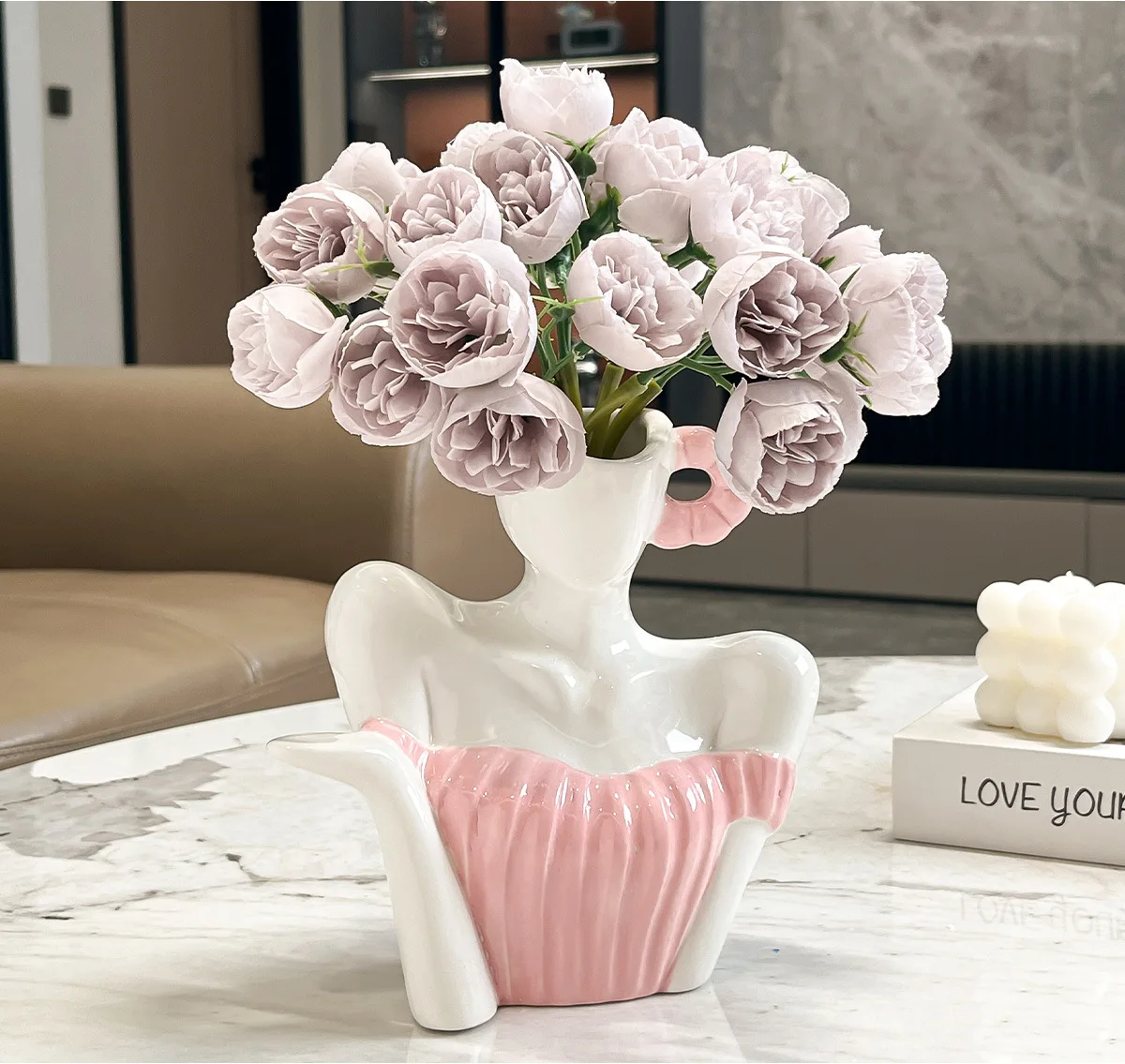 Nordic Style Human Body Ceramic Vase, Creative Lady Bust Flower Vase, Modern Home Decor Ornament for Living Room Bedroom