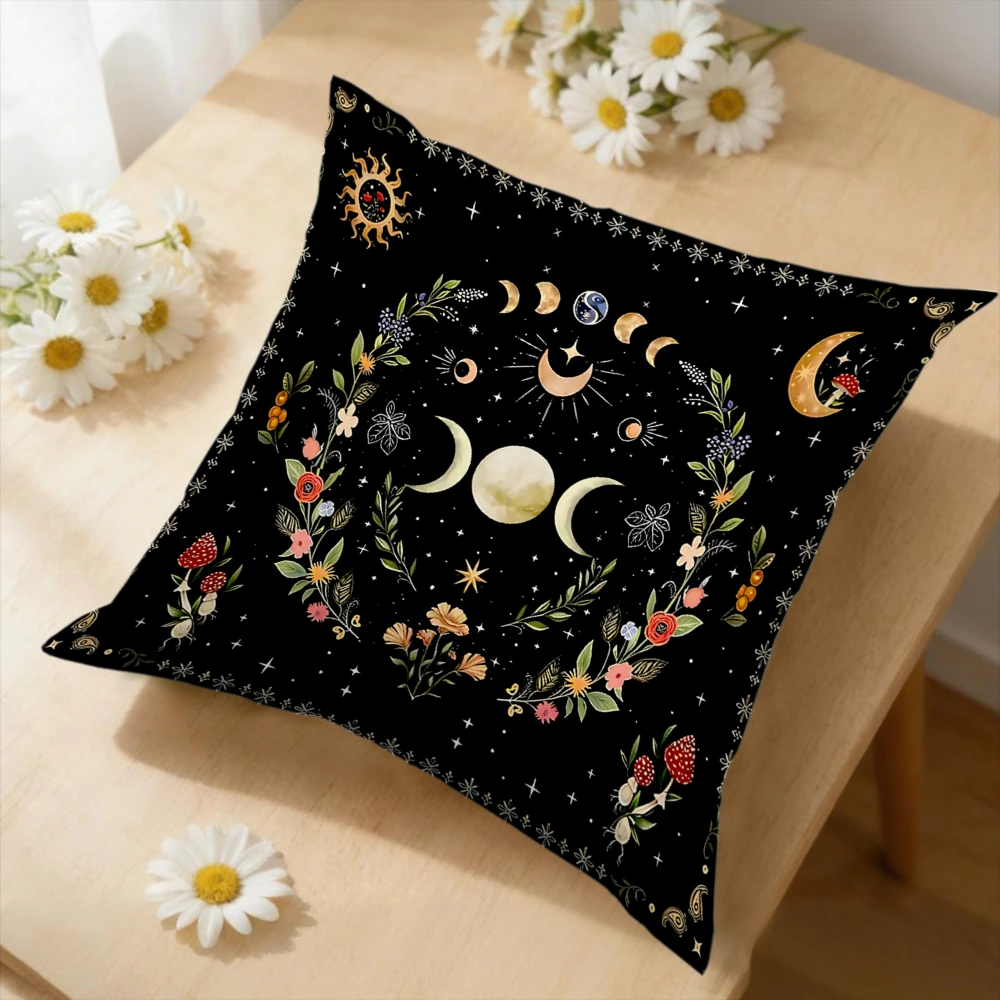 1Pc Black Vintage Celestial Moon Phase Floral Cushion Cover Soft Washable Fabric Decorative for Sofa Bed