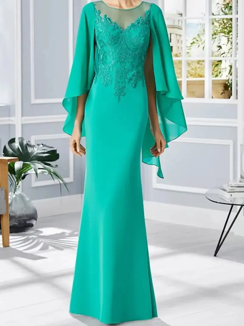 

Elegant Long Mother Of The Bride Dresses Cape Sleeves Lace Appliques Customized Women Wedding Party Gown Godmother Formal Wear