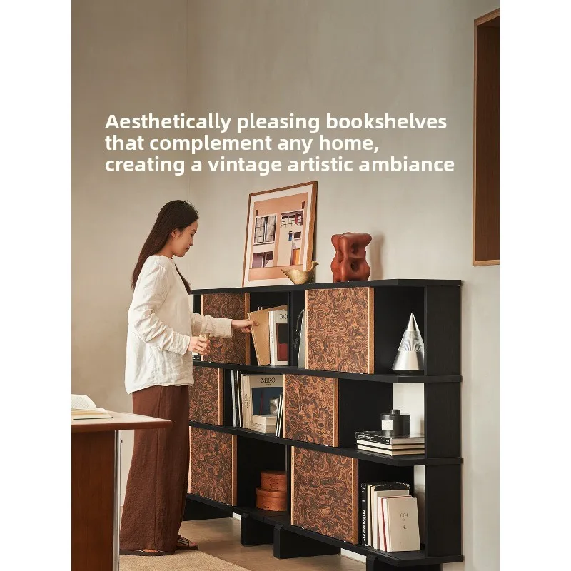 Retro half-wall bookshelf integrated against the wall in the ancient style combination living room side cabinet floor bookcase