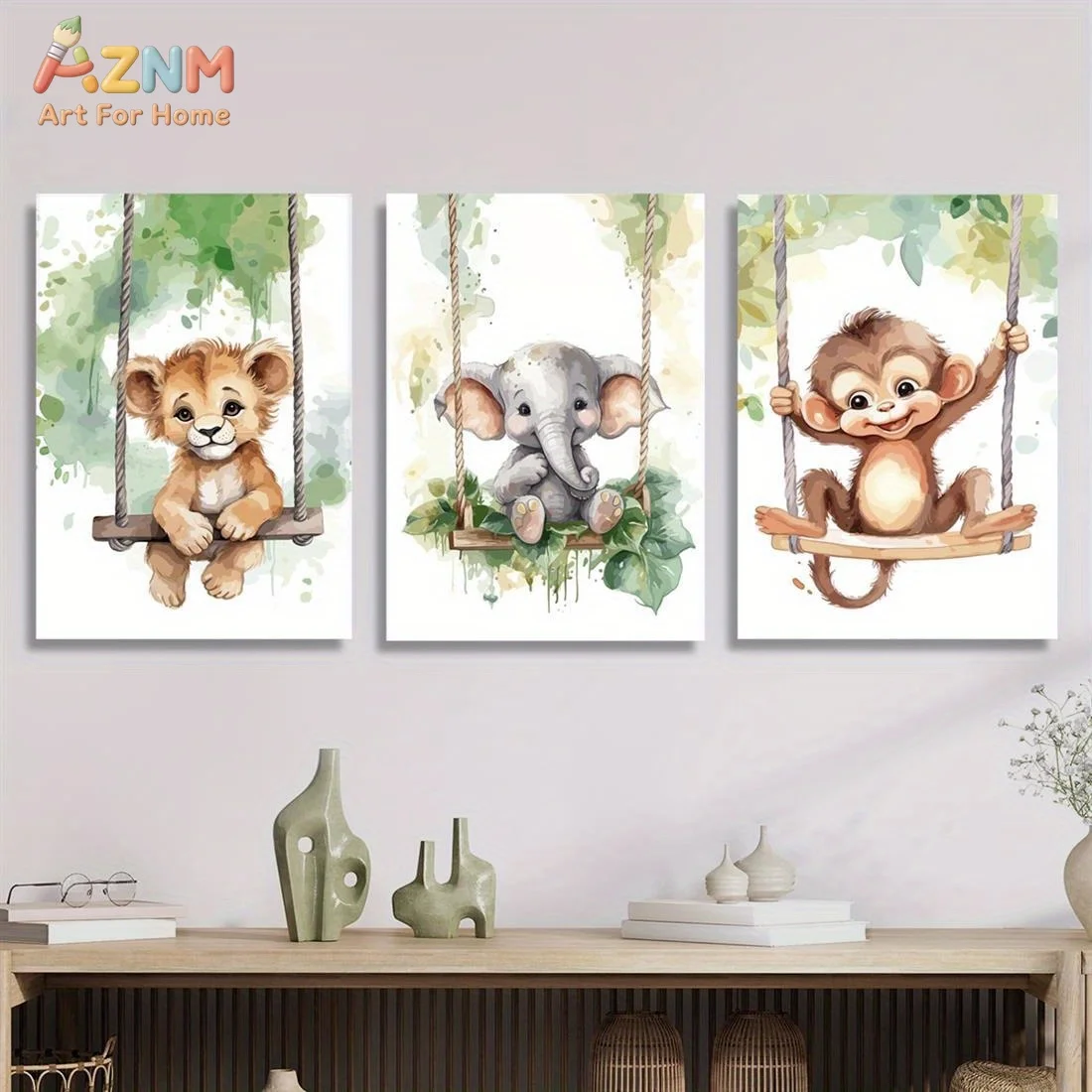 AZNM Lienzo decorativo de pared con diseño de animales de safari en acuarela, póster con estampado de león, elefante y mono, sin marco, pieza única